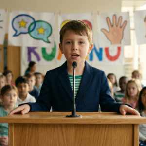 A young boy in a suit speaks confidently after taking the Communication Skills for Kids at a podium in front of an audience of other children. A banner with illustrations of speech bubbles, a megaphone, a hand, and an ear hangs behind him.