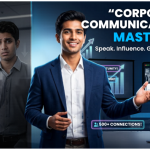 Thumbnail showing a confident young Indian corporate professional in a modern office transitioning from nervous employee to influential communicator, with LinkedIn growth, meetings, AI tools, and recruiter attention represented visually in a cinematic corporate style.